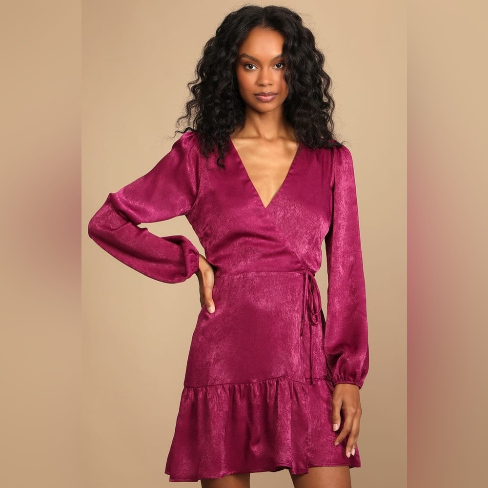 NEW So Splendid Magenta Purple Satin Long Sleeve Wrap Dress by Lulus